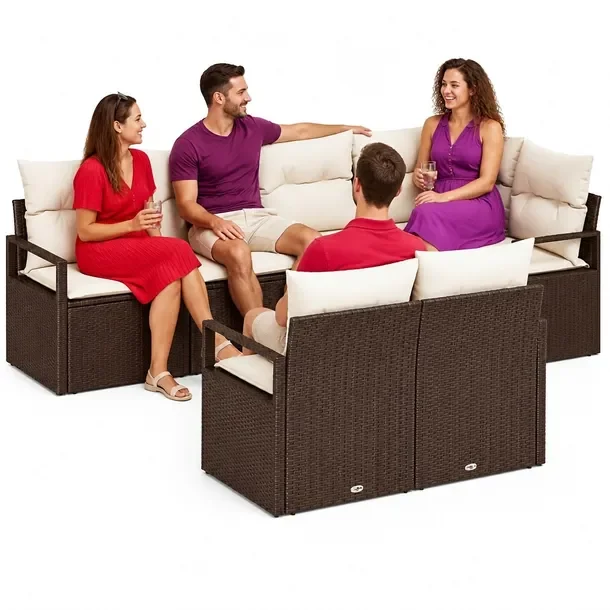 5-elementowy modułowy zestaw sof ogrodowych, brązowy, rattan, 60 cm głęboko