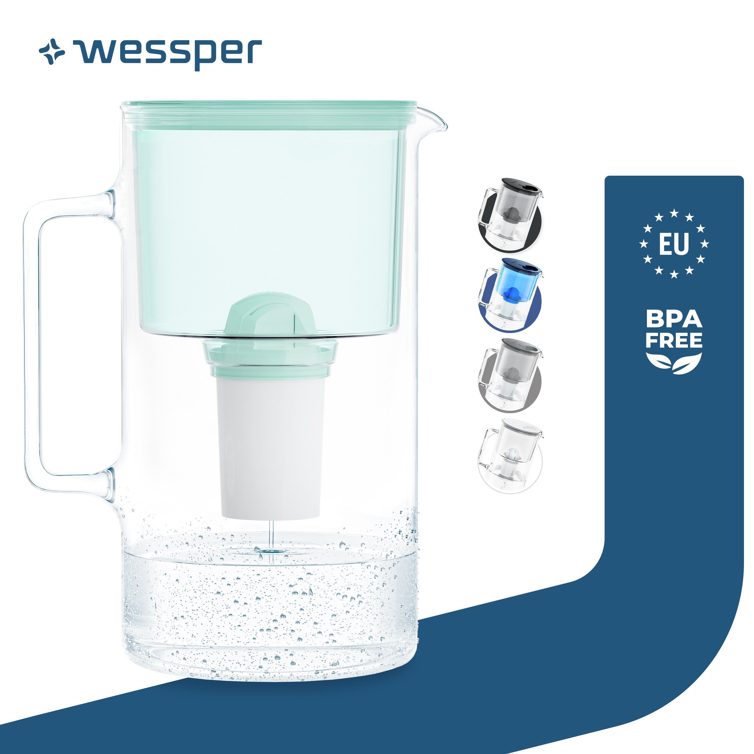 Dzbanek filtrujący wodę Wessper wykonany ze szkła 3 L Mint Kompatybilny z wkładami filtrującymi Brita Classic Zawiera 1 wkład filtrujący wodę