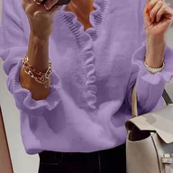 Swetry damskie - TEMU Elegancki jednokolorowy pulower z wyciętym dekoltem w kształcie litery V i długim rękawem, z refleksyjnym wykończeniem krawatka - miniaturka - grafika 1