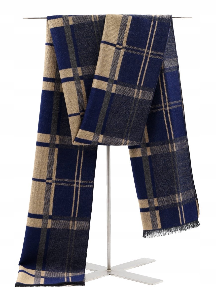 Szal szalik męski zimowy żółto - granatowa kratka