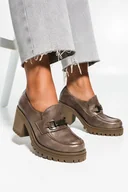 Mokasyny damskie - Beżowe mokasyny skórzane damskie ze srebrną ozdobą na szerokim klocku PRODUKT POLSKI Casu 20175-39 - miniaturka - grafika 1