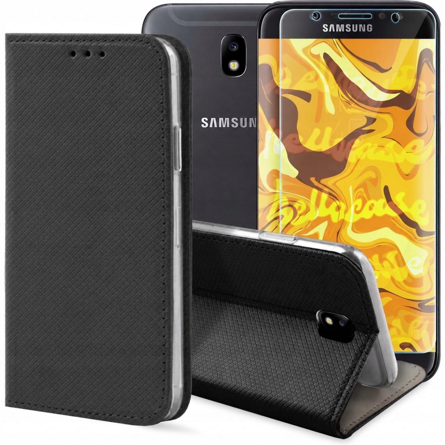 Hello Case Etui z Klapką Do Samsung Galaxy J7 2017 Czarne, Zamykane, Kabura Szkło BNDL0515