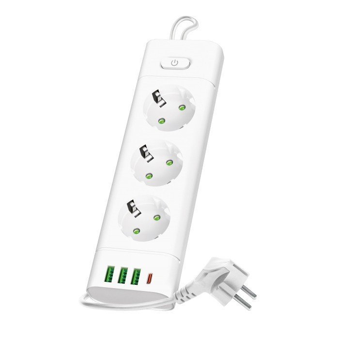 PRZEDŁUŻACZ ELEKTRYCZNY Z ŁADOWARKĄ 3 GNIAZDA 1.5M Z/U 3x1.5mm 3250W 16A WYŁĄCZNIK 4X USB BIAŁY KOBI 004204