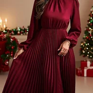 Sukienki - TEMU Elegancka Sukienka A-Line z Plisowanym Dołem i Stójką - Jednokolorowa Sukienka Midi Idealna do Codziennego Noszenia lub na Imprezy, Pranie w - miniaturka - grafika 1