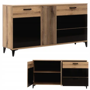 Komoda duża z szufladami czarna połysk dąb evoke Aris AS3 lamele do salonu - Komody - miniaturka - grafika 1