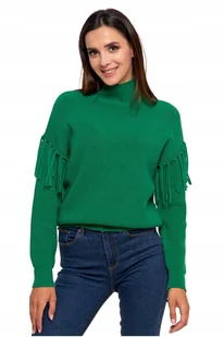 SWETER DAMSKI ELEGANCKI MODNY PÓŁGOLF Z FRĘDZLAMI CIEPŁY MORAJ L - Swetry damskie - miniaturka - grafika 1