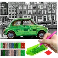 Zabawki kreatywne - Haft Diamentowy ARTULIO, Obraz DIY 5D, Diamond Painting, Mozaika Diamentowa 40X60cm (Zielony samochód na tle szarego miasta) + Zestaw Akcesoriów - miniaturka - grafika 1