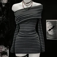 Sukienki - TEMU Damska zimowa mini sukienka, modna czarno-szara w paski z długim rękawem, casualowa sukienka z odsłoniętymi ramionami, seksowny strój na - miniaturka - grafika 1