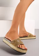 Klapki i japonki damskie - Złote Klapki na Platformie w Całości Ozdobione Błyszczącą Plecionką Quillathe - miniaturka - grafika 1