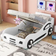 Łóżka dla dzieci i młodzieży - Łóżko dziecięce Flieks 90x200cm z zabezpieczeniem przed wypadnięciem, łóżko samochodowe, łóżko młodzieżowe ze stelażem listwowym, hydrauliczne łóżko podłogowe, łóżko pojedyncze, PU, białe - miniaturka - grafika 1