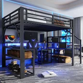 Łóżka dla dzieci i młodzieży - Łóżko piętrowe 140 x 200 cm z biurkiem narożnym i półkami - Metalowe - Diody LED i port USB - Czarne (Materac nie jest wliczony w cenę) - miniaturka - grafika 1