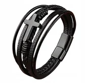 Bransolety męskie - Brasoletka Męska CZARNA SKÓRZANA KRZYŻ krzyżyk na rzemyku skóra MAGNES - miniaturka - grafika 1