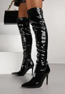 Kozaki damskie - Czarne Marszczone Lakierowane Kozaki Vices na Szpilce z Noskiem w Szpic Caldissa - miniaturka - grafika 1