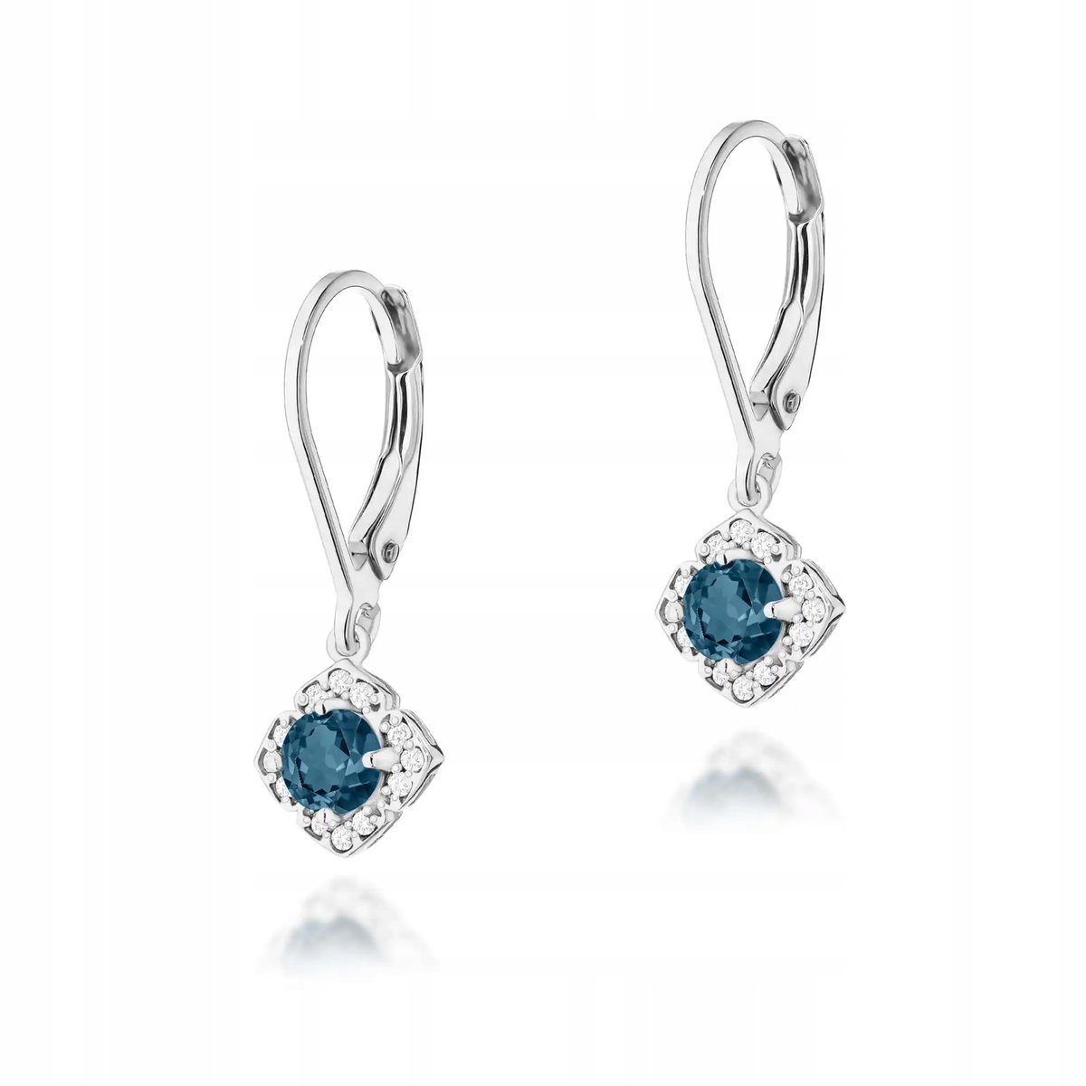 Złote kolczyki 585 topaz london blue z białego złota eleganckie wiszące 14k