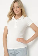 Koszulki i topy damskie - Biały Bawełniany T-shirt Prążkowany Typu Polo z Guzikami Avelavia - miniaturka - grafika 1