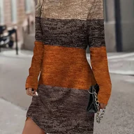 Sukienki - TEMU Jesienna i Zimowa Damska Tunika z Okrągłym Dekoltem w Kolorowe Bloki - Brązowy, Beżowy, Czarny, Biały, Długie Rękawy, A-Line, Luźny Krój, - miniaturka - grafika 1