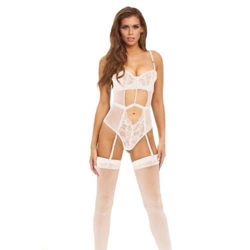 Bombshell Boudoir Nakładka na pasek Teddy Erotische Dessous-zestaw biały M