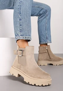 Ciemnobeżowe Płaskie Botki w Stylu Sztybletów Ozdobione Paskiem z Klamrą Tariasa - Botki damskie - miniaturka - grafika 1