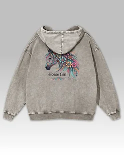 Bluza oversize z kapturem Horse Girl Kolorowy Koń Sprana Popielaty M - Bluzy damskie - miniaturka - grafika 1