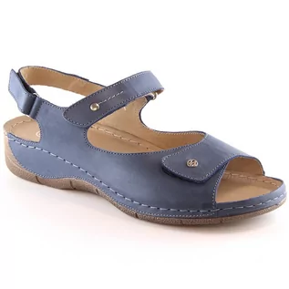 Sandały damskie - Skórzane komfortowe sandały damskie na rzepy granatowe Helios 266-2 niebieskie - grafika 1