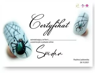 Certyfikat ze szkolenia online LIVE Spider by Paulina Laskowska Wersja Drukowana - Pozostałe akcesoria kosmetyczne - miniaturka - grafika 1