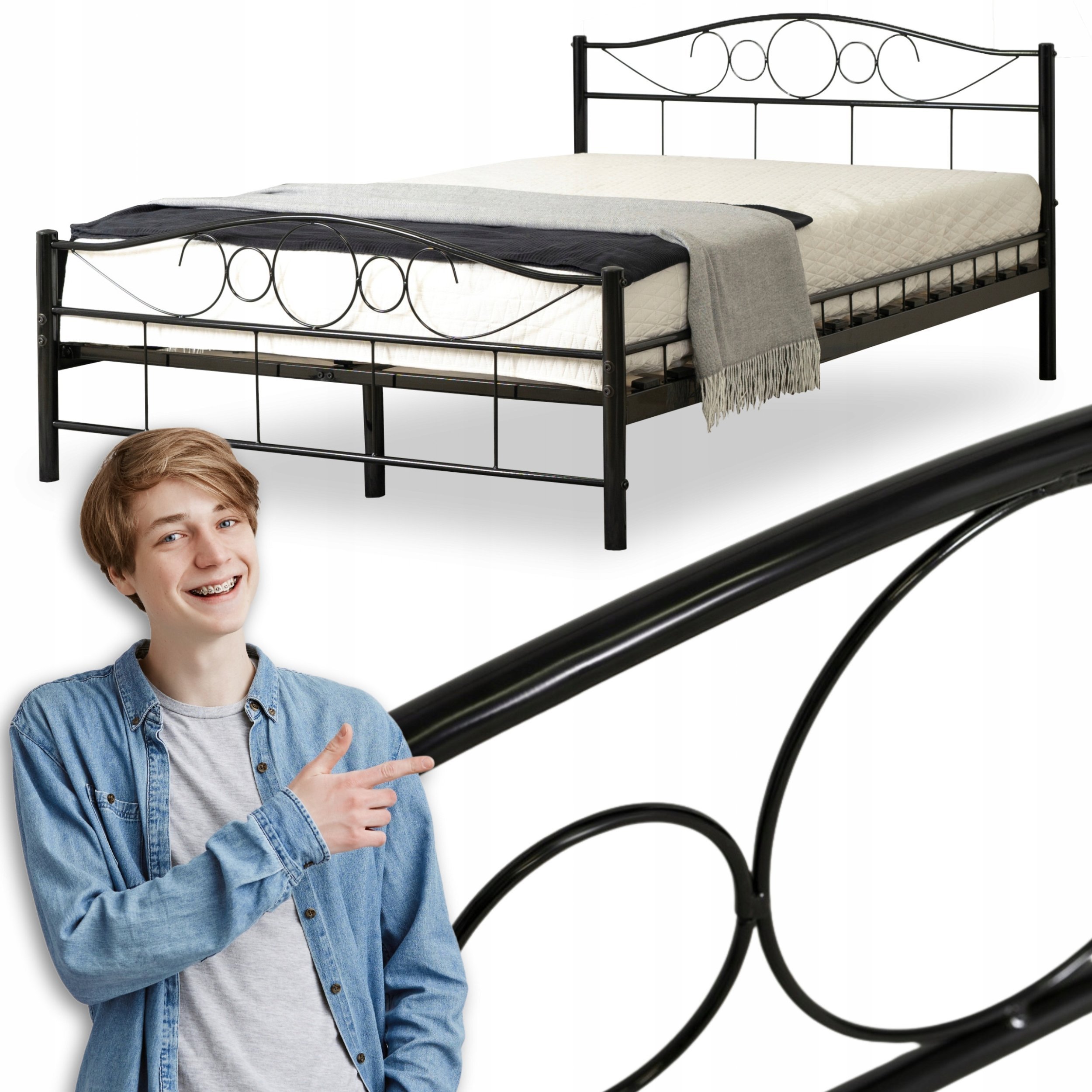 Łóżko 120x200 Metalowe Jednoosobowe Pojedyncze Młodzieżowe Czarne GRIFFIN
