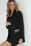 Marynarki i żakiety damskie - Czarna Marynarka Dwurzędowa z Frędzlami przy Kieszeniach Chephe - miniaturka - grafika 1