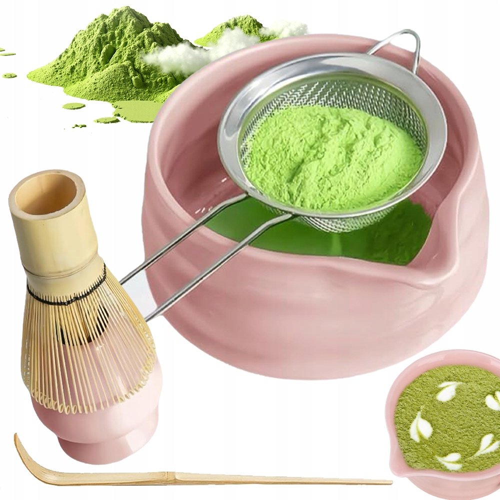 Różowy Zestaw Matcha Z Ceramiczną Miską Bambusową Miotełką