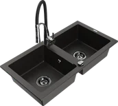 Zlewozmywaki z baterią - Mexen Mario zlewozmywak granitowy 2-komorowy z baterią kuchenną Aster, czarny/złoty metalik - 6504-75-73450-07-B - miniaturka - grafika 1