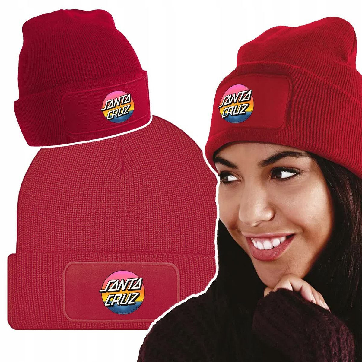 Ciepła Zimowa Czapka Czerwona SANTA CRUZ Modne Wz