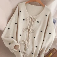 Swetry damskie - TEMU Sweter Damski w Miękkim Różu - Pastelowy Kardigan z Wiązaniem na Przedzie, Wzór , Bluzka z Długim Dekoltem typu Boat Neck na Jesień/Zimę - - miniaturka - grafika 1