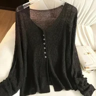 Swetry damskie - TEMU Elegancki i lekki kardigan z dekoltem w serek - przezroczysty letni szal z długim rękawem, odpowiedni na wiosnę//jesień, charakteryzujący się - miniaturka - grafika 1