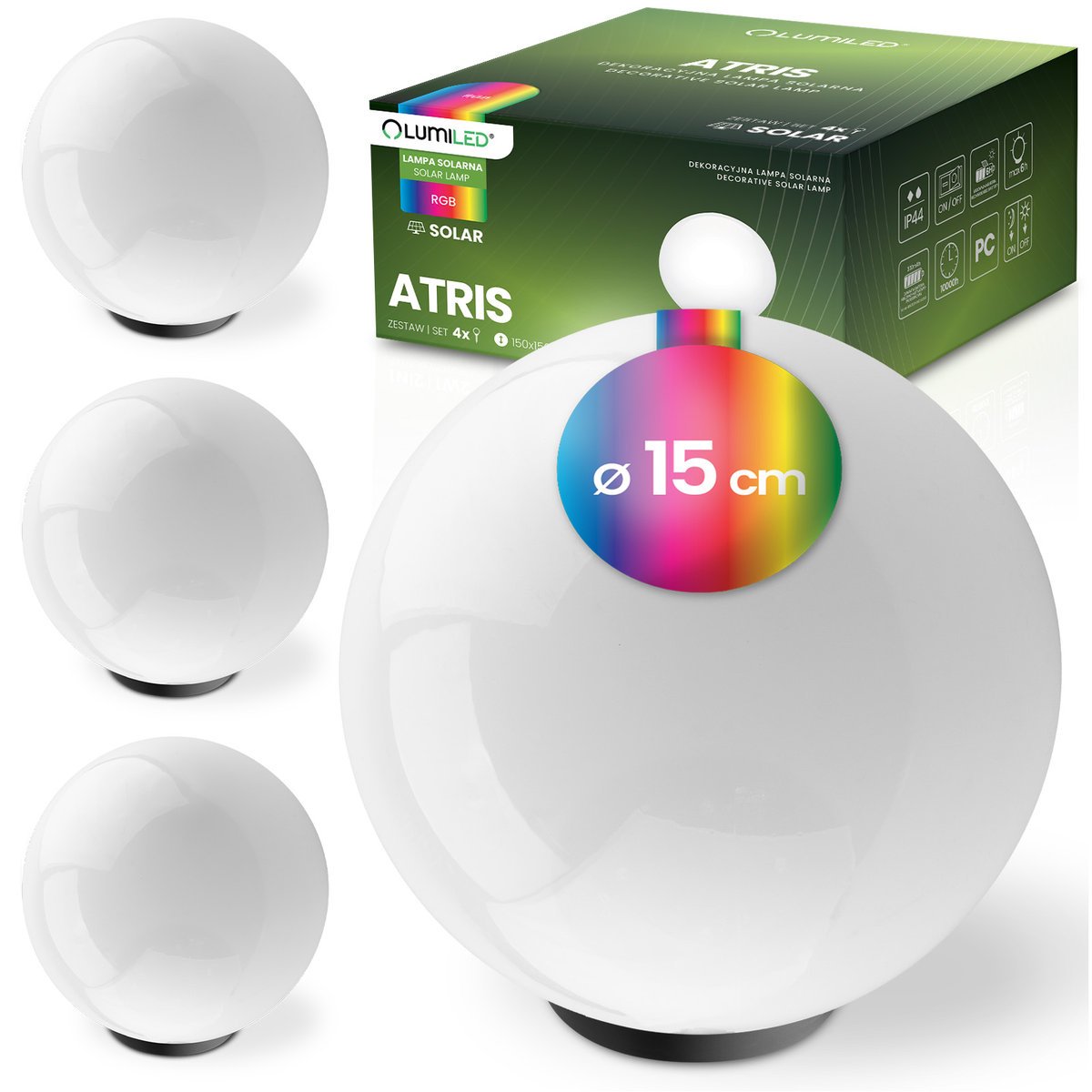 Lumiled 4x Lampa Solarna Ogrodowa LED Wbijana Naziemna Biała Kula 15cm RGB ATRIS