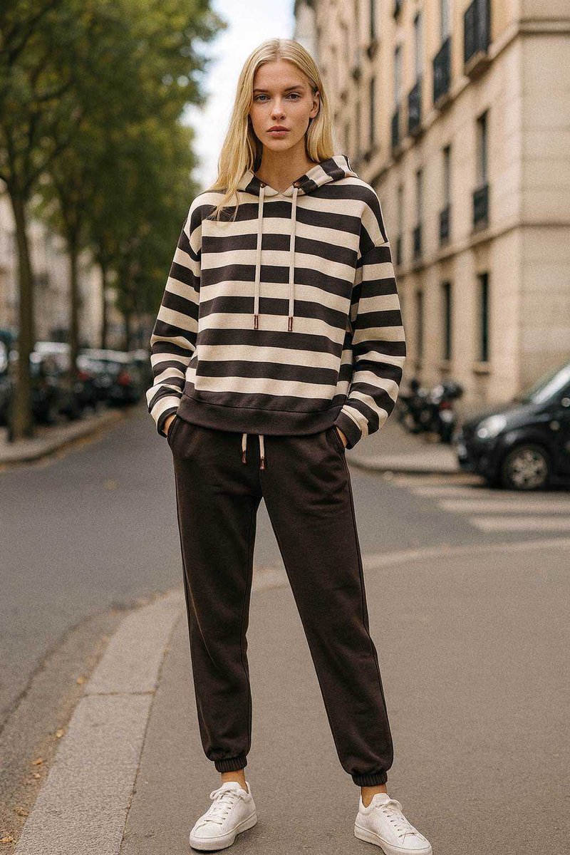 Masełkowy dres oversize z kapturem - paski czekoladowy One size