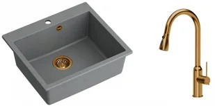 Quadron Zlewozmywak granitowy jednokomorowy 57*50*22 cm MORGAN 110 SILVER STONE z miedzianym odpływem z baterią JESSICA Q LINE z wyciąganą wylewką i funkcją prysznica kolor miedziany - Zlewozmywaki z baterią - miniaturka - grafika 1