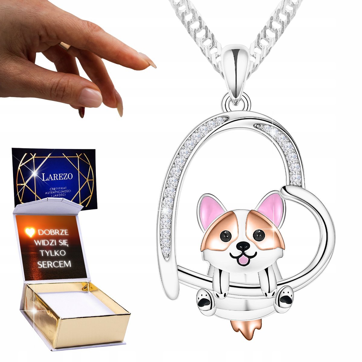 Naszyjnik Srebrny 925 Piesek z Cyrkoniami Serce Serduszko bff Pies + NADRUK