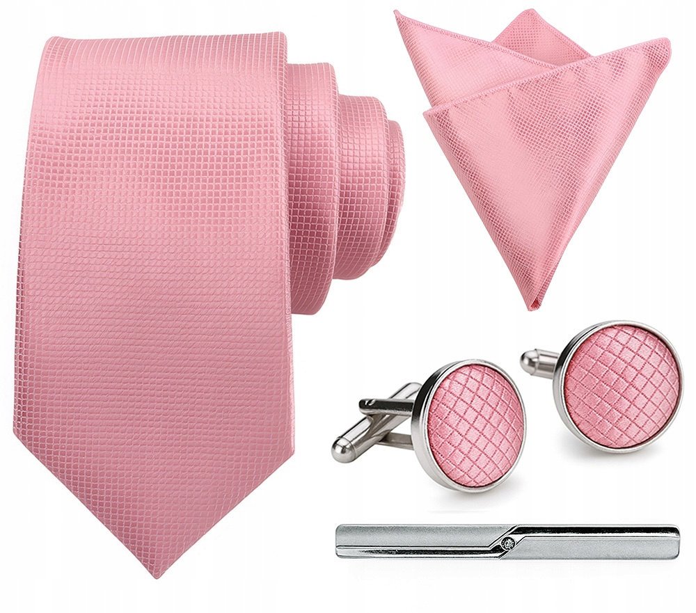 Zestaw męski w pudełku - krawat + poszetka + spinki do mankietów + spinka do krawata JASNY RÓŻOWY