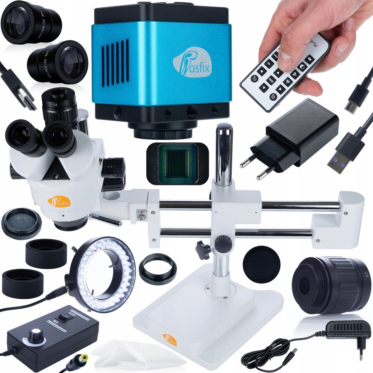 Mikroskop Stereoskopowy Trinokularowy Kamera 4K Zestaw Oświetlacz 144Xled