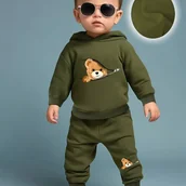 Komplety dla niemowląt - TEMU Wiosenno-jesienny zestaw dla niemowląt: bluza z kapturem i spodnie z polaru z nadrukiem misia w stylu kreskówkowym. Specjalnie zaprojektowany, - miniaturka - grafika 1