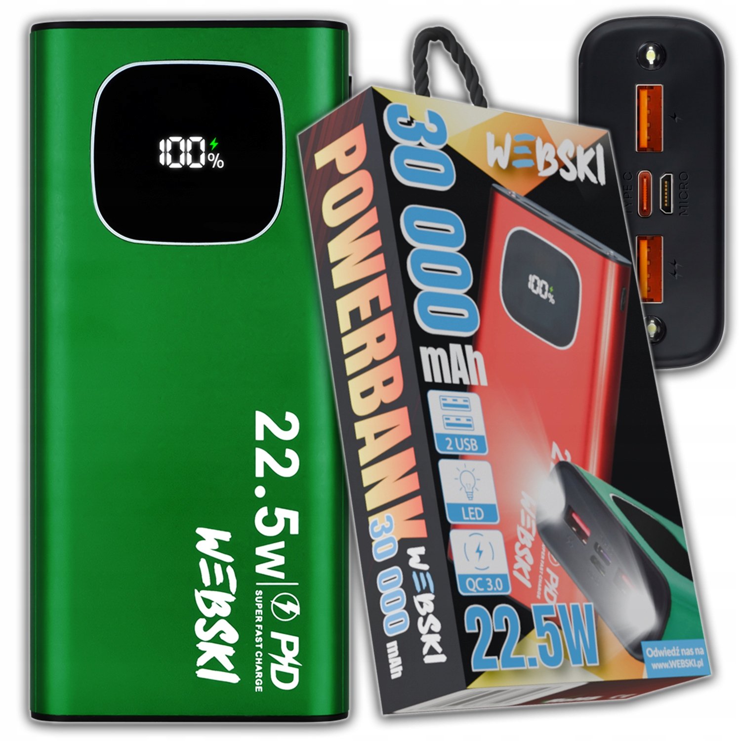 Powerbank Aluminiowy 30000mAh Quick Charge Power Delivery Qc Pd LCD Latarka