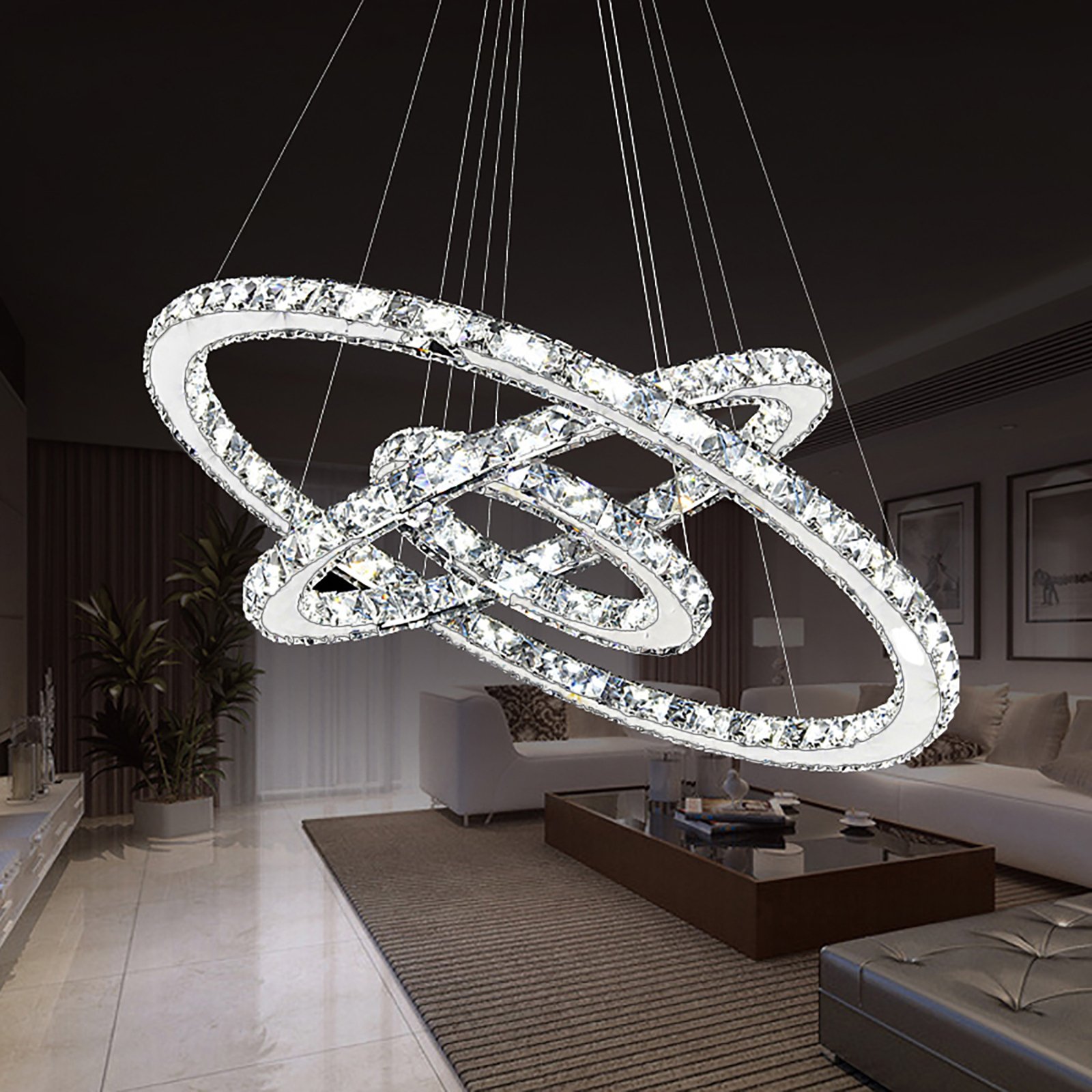 UISEBRT 72W LED Crystal Design Lampa wisząca Trzy pierścienie zimna biała lampa sufitowa Lampa wisząca Kreatywny żyrandol