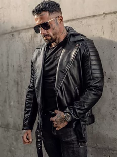 Czarna ramoneska kurtka skórzana męska z kapturem biker Denley 11Z8005 - Kurtki męskie - miniaturka - grafika 1