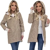 Kurtki damskie - MODNA ASYMETRYCZNA KURTKA DAMSKA WIOSENNA PRZEJŚCIOWA Z KAPTUREM PARKA r.XL CIEMNY BEŻ - miniaturka - grafika 1