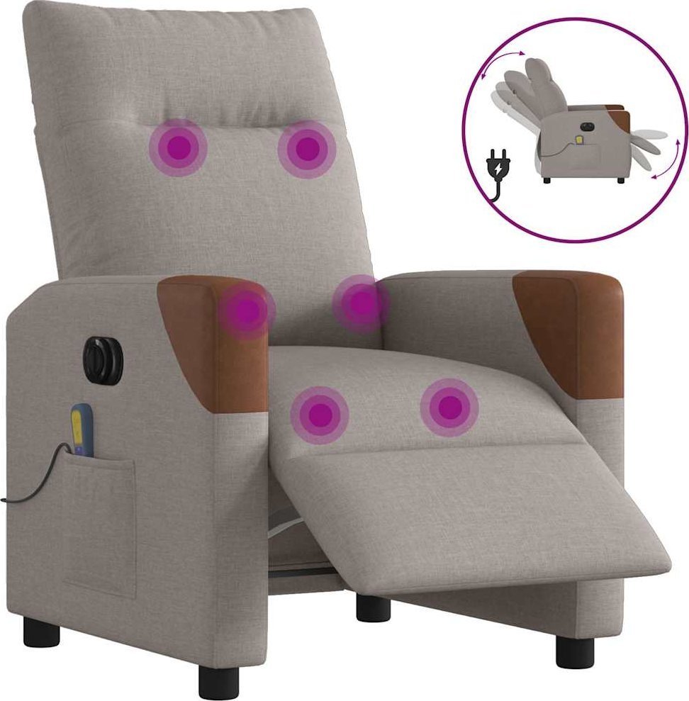 Rozkładany fotel masujący, elektryczny, kolor taupe, tkanina