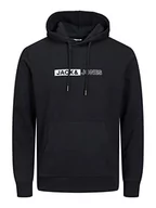 Bluzy męskie - JACK & JONES PLUS Męska bluza z kapturem JJNEO Sweat Hood PLS z kapturem, czarna/nadruk: SMALL Scale, 5XL, czarny/nadruk: mała skala, 5XL - miniaturka - grafika 1
