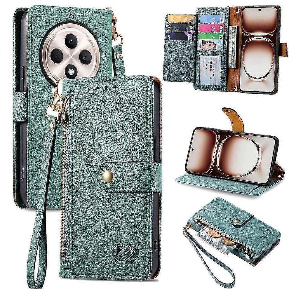 Foxdock Etui z klapką do skórzanego etui OPPO Reno 12F Odporny na wstrząsy portfel na zamek błyskawiczny Love Zielony