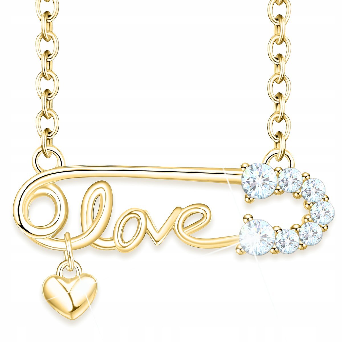 Złoty Naszyjnik Kocham Cię Napis Love Wiszące Serce Cyrkonie SREBRO 925