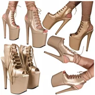 Sandały damskie - Sandały Damskie Na Platformie Sexy Botki Złote Wysokie Szpilki 20 Cm R.38 - miniaturka - grafika 1
