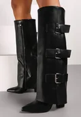 Kozaki damskie - Czarne Kozaki na Słupku z Szerokimi Klamrami na Wywiniętej Cholewce Merithare - Renee - miniaturka - grafika 1