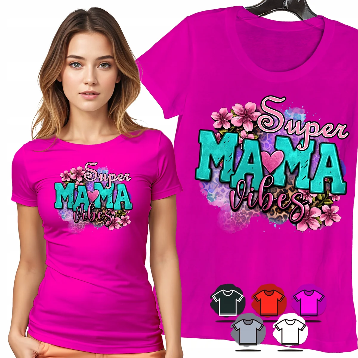 KOSZULKA DAMSKA T-SHIRT - SUPER MAMA VIBES KWIATY KOLOROWE DAMSKI WZÓR - M